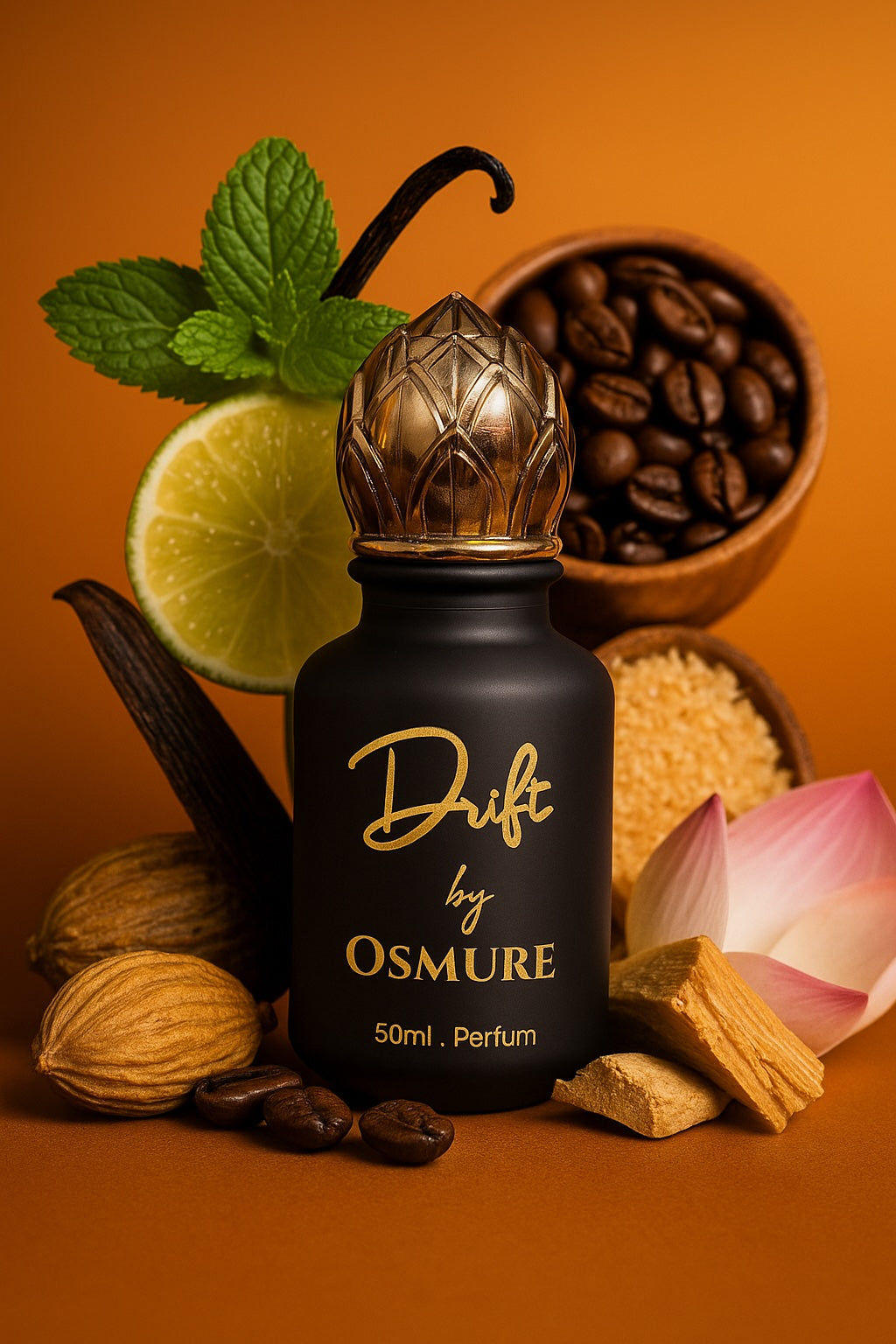 Perfume bottle labeled 'Drift by Osmure' surrounded by vanilla beans, coffee beans, and a lime on an orange background.